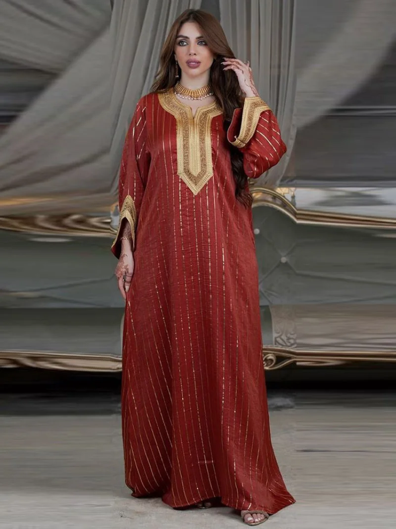 

Golden Trim Abaya Arabian Evening Dress Women Gold Stamping Moroccan Muslim Party Kaftan Dubai Gulf Jalabiya Eid Ramadan Gowns