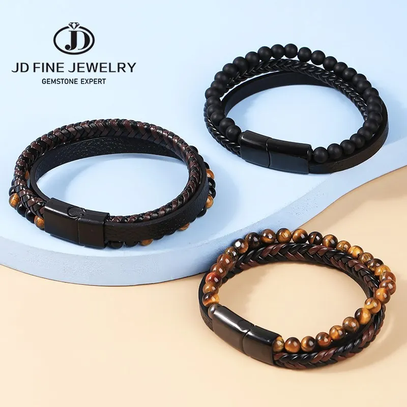 

JD Punk style Magnetic Buckle 3 Layer Bracelet 6mm Natural Stone Bead Genuine Leather Braided Cross Bangles for Men Jewelry Gift