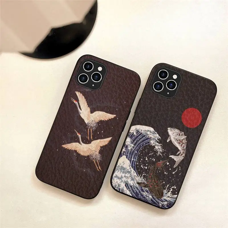 

Kanagawa Waves Carp Crane Phone Case For Iphone 7 8 Plus X Xr Xs 11 12 13 Se2020 Mini 14 Pro Max TPU+Leather Fundas
