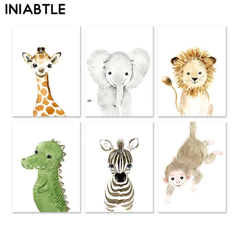 Акварель Слон Лев Жираф Обезьяна постеры с животными детской стены