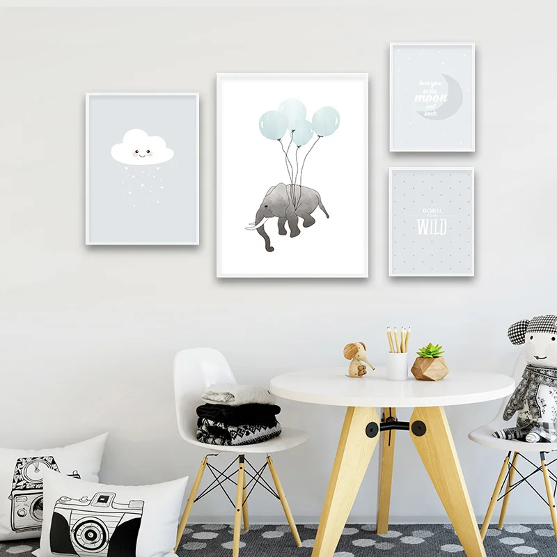 

Настенное художественное полотно, плакат, Минималистичная печать, слон, воздушный шар, картина, украшение, картина, декор для детской спальн...