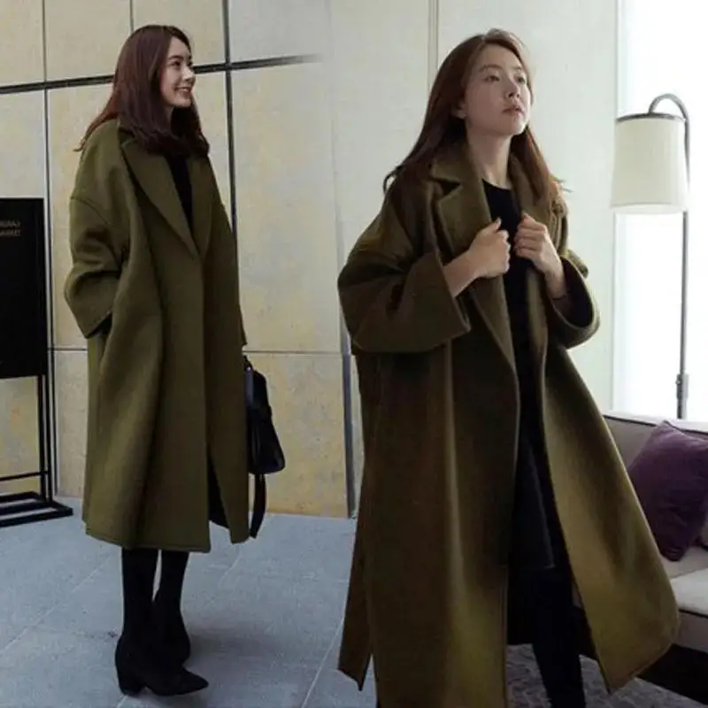 

Autumn and Winter New Woolen Coat Thickened Large Korean Woolen Coat Women's Coat Loose Medium and Long Women's Wear