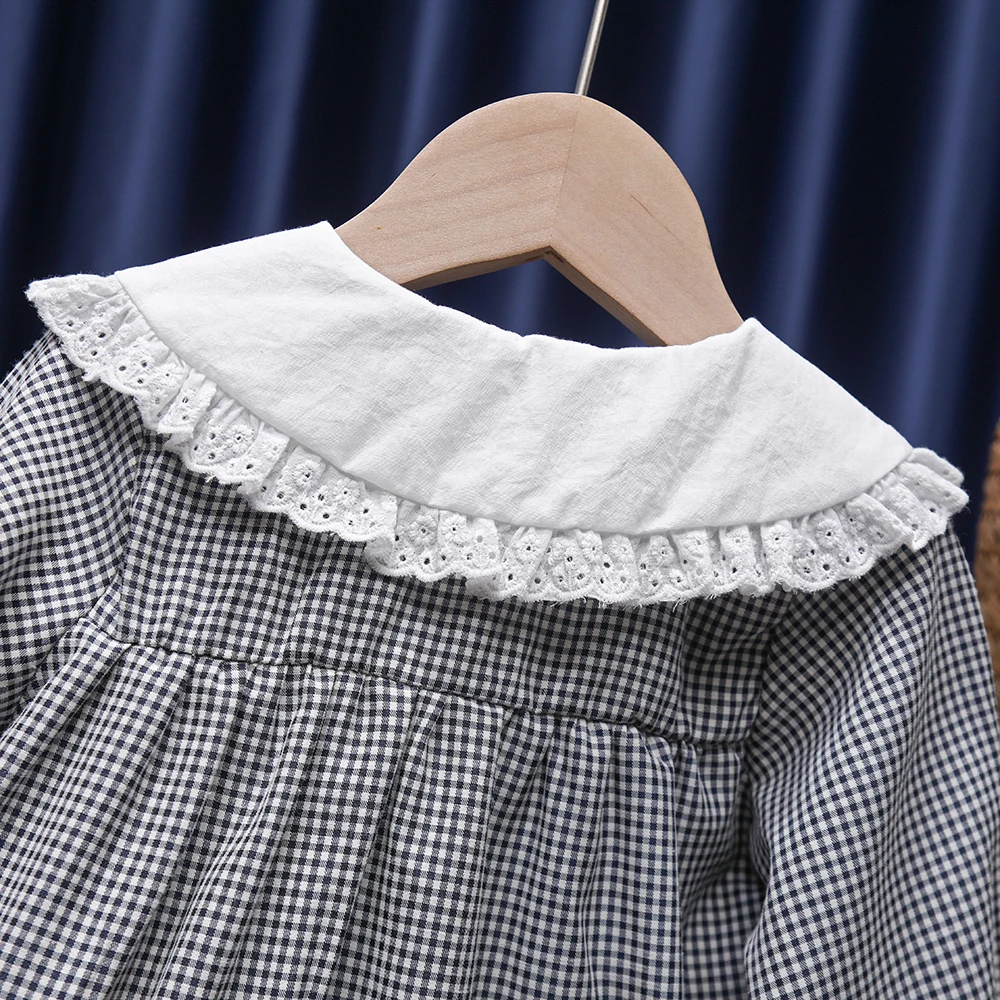 Spring Autumn Children Clothes Classic Style Girls Cute Doll Collar Loose Lattice Baby Shirt Long Sleeve Cotton Tops Blouse