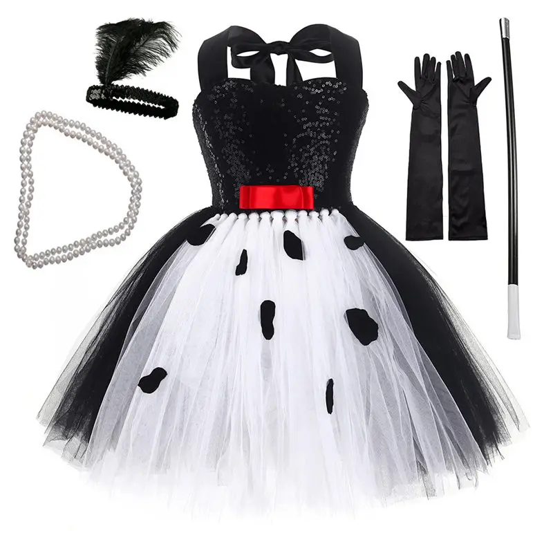 

2022 New Cossky Girls Cruella Witch Costumes Girls Carnival Halloween Tutu Dress For Kids Outfit Children Party Dress Costume