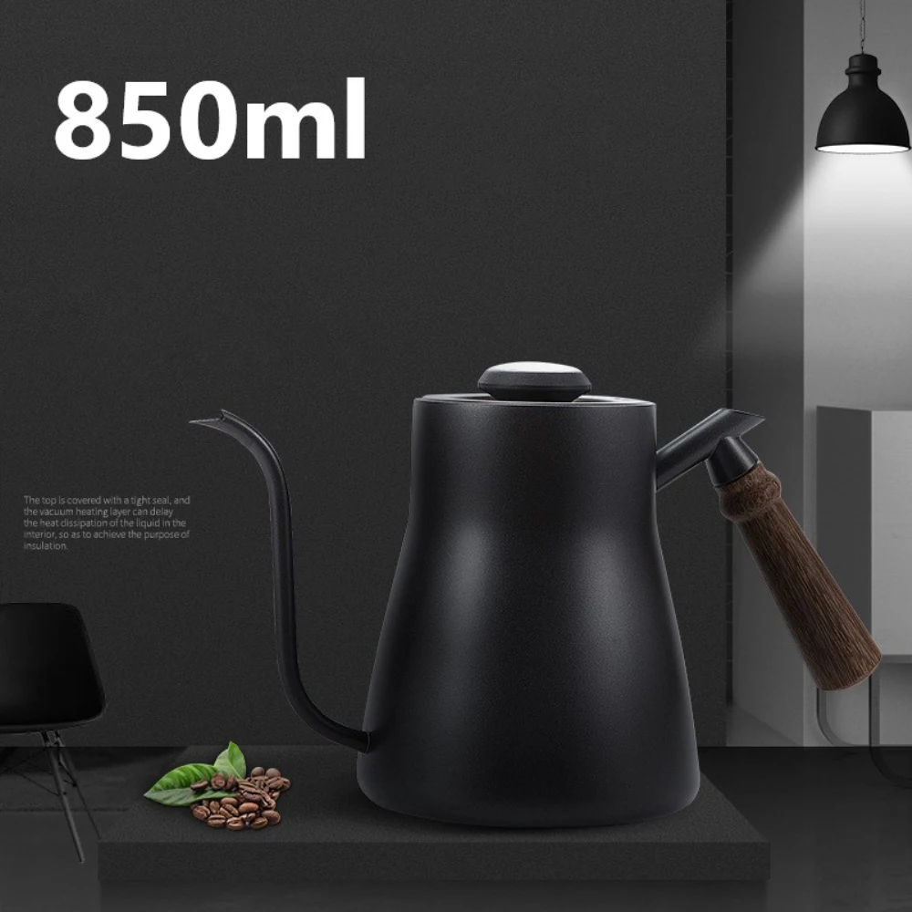 

Капельный чайник 850 мл, Кофеварка из нержавеющей стали 304, ручные кофейники с термометром, деревянная ручка, утолщенный, тонкий, длинный