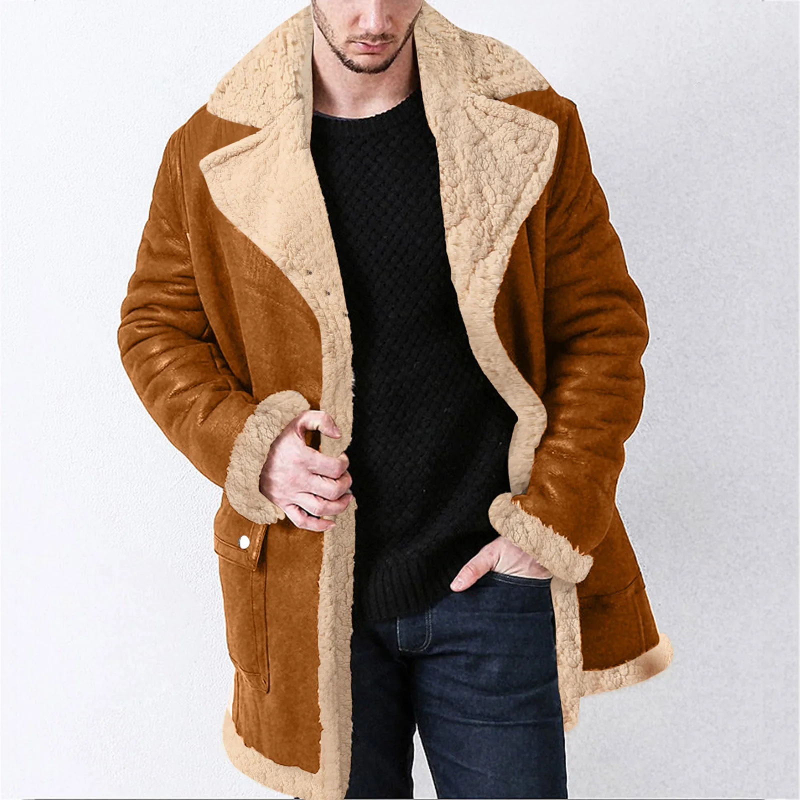 

Men Winter Zipper Coat Lapel Collar Long Sleeve Padded Leather Jacket Vintage Thicken Coat Sheepskin Jacket