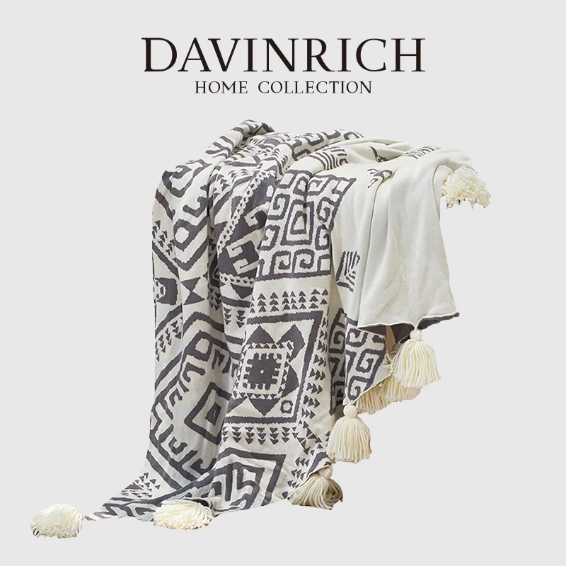 

DAVINRICH Bohemian Knitted Bed Runner Scarf Protector Exotic Living Room Sofa Throw Blanket With Tassels 130x180 Ethnic Style