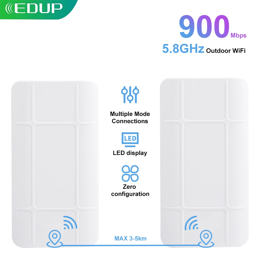 EDUP-Router de puente inalámbrico para exteriores, repetidor de señal WiFi POE de largo alcance, 2 piezas, 3-5KM, pantalla LED sin configuración, 5,8 GHz