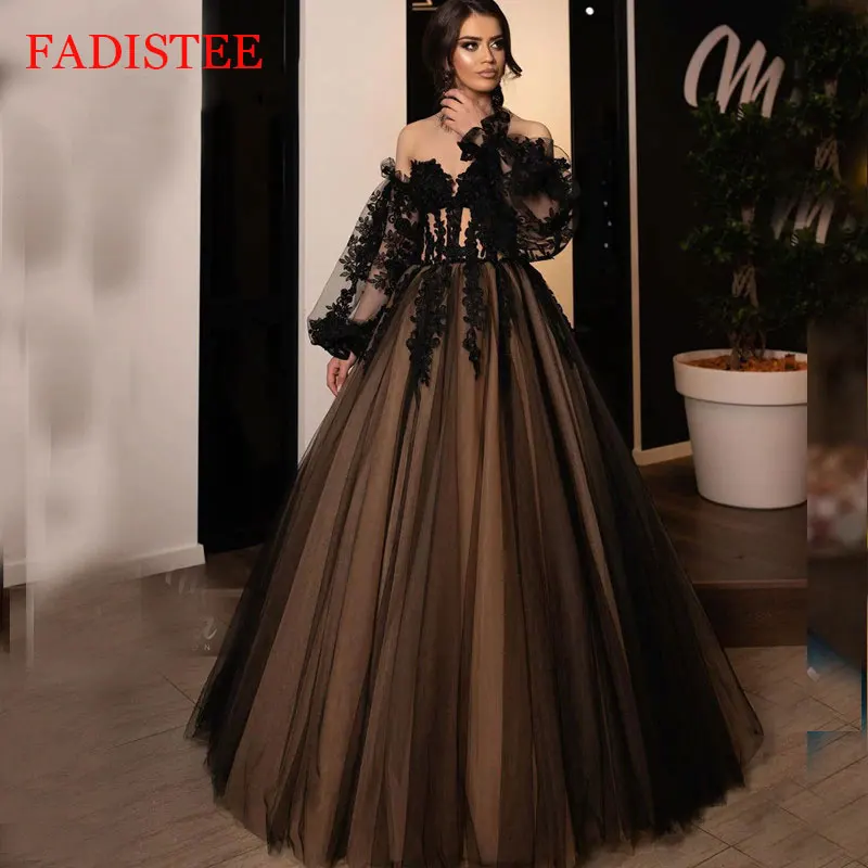 

New Style Robe Prom Dresses Black Lace Strapless Puff Long Sleeves Robe De Soirée De Mariage Vestido De Fiesta De Boda