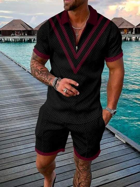 

Men's Tracksuit Stylish Short Sleeve Polo Shirt Set Turn Down Collar Zipper Clothing Summer 2Piece Casual Outfit Suit Streetwear
