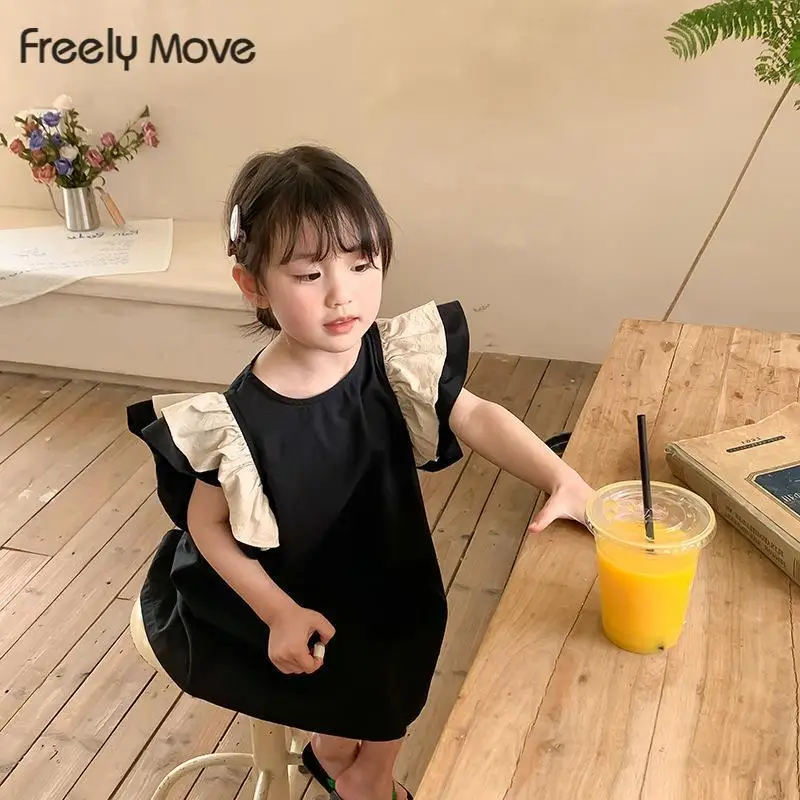 

Freely Move Girls Clothes 2022 New Summer Princess Dresses Ruffles Sleeve Korean Kids Dress Patchwork Party Girls Dresses