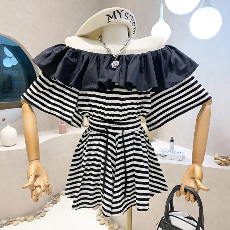 

New Women's Clothing 2022 Summer Sexy off shoulder Ruffle short sleeve stripe Top + high waist wide leg shorts two piece set