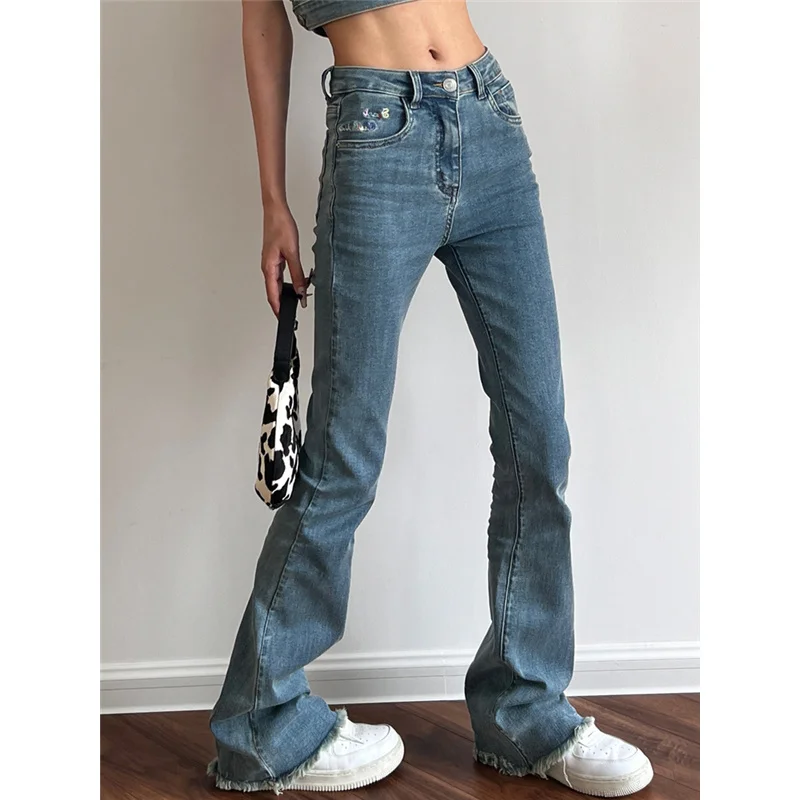 

Blue Autumn Women's Jeans Vest High Waist Vintage Straight Streetwear Style Embroidery Fashion LeisureFlare Denim Trouser