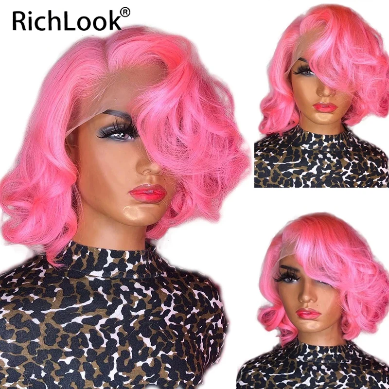 

Короткий Боб тела Волнистый срез розовый цвет 13X 4 кружевные передние человеческие волосы 4X4 закрытые фронтальные парики для женщин Prepluck с д...