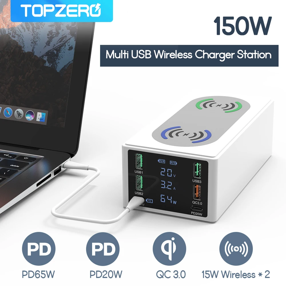 

150W Quick Charge 4.0 3.0 USB Phone Charger Type C PD Fast Charger Station Dual Wireless Charger For iPhone 13 X MacBook Laptop