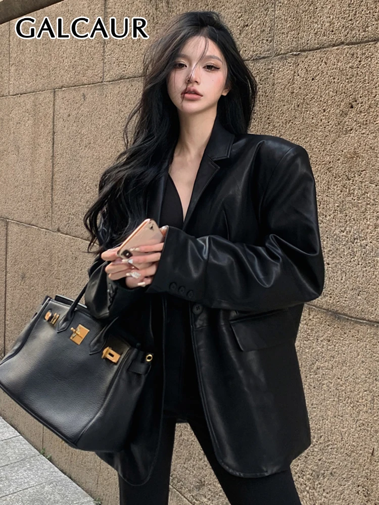 

GALCAUR Solid PU Leather Coats For Women Lapel Long Sleeve Patchwork Pocket Vintage Temperament Coat Female Autumn Clothing 2022