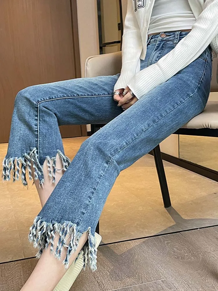 

Casual High-Waisted Stretch Jeans With Fringed Raw Hem Straight Cropped Pants 2023 New Fashion Women'S Clothing