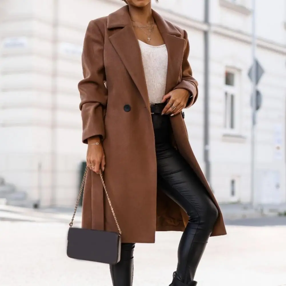 

Women Overcoat Solid Color Loose Cardigan Turn-down Collar Lace Up Keep Warm Split Belt Notch Collar Lady Coat for Work