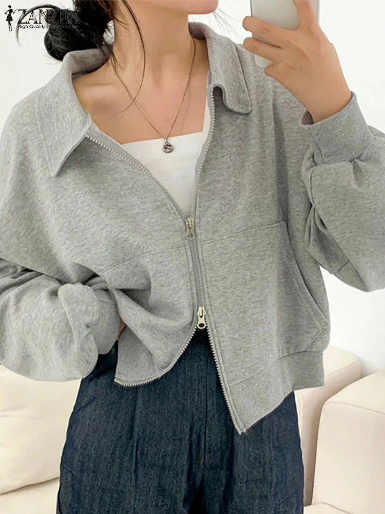 

Женская верхняя одежда ZANZEA, осень 2022, свободный джемпер, свитшот на молнии, укороченные толстовки с длинным рукавом, пуловеры, уличная одежд...