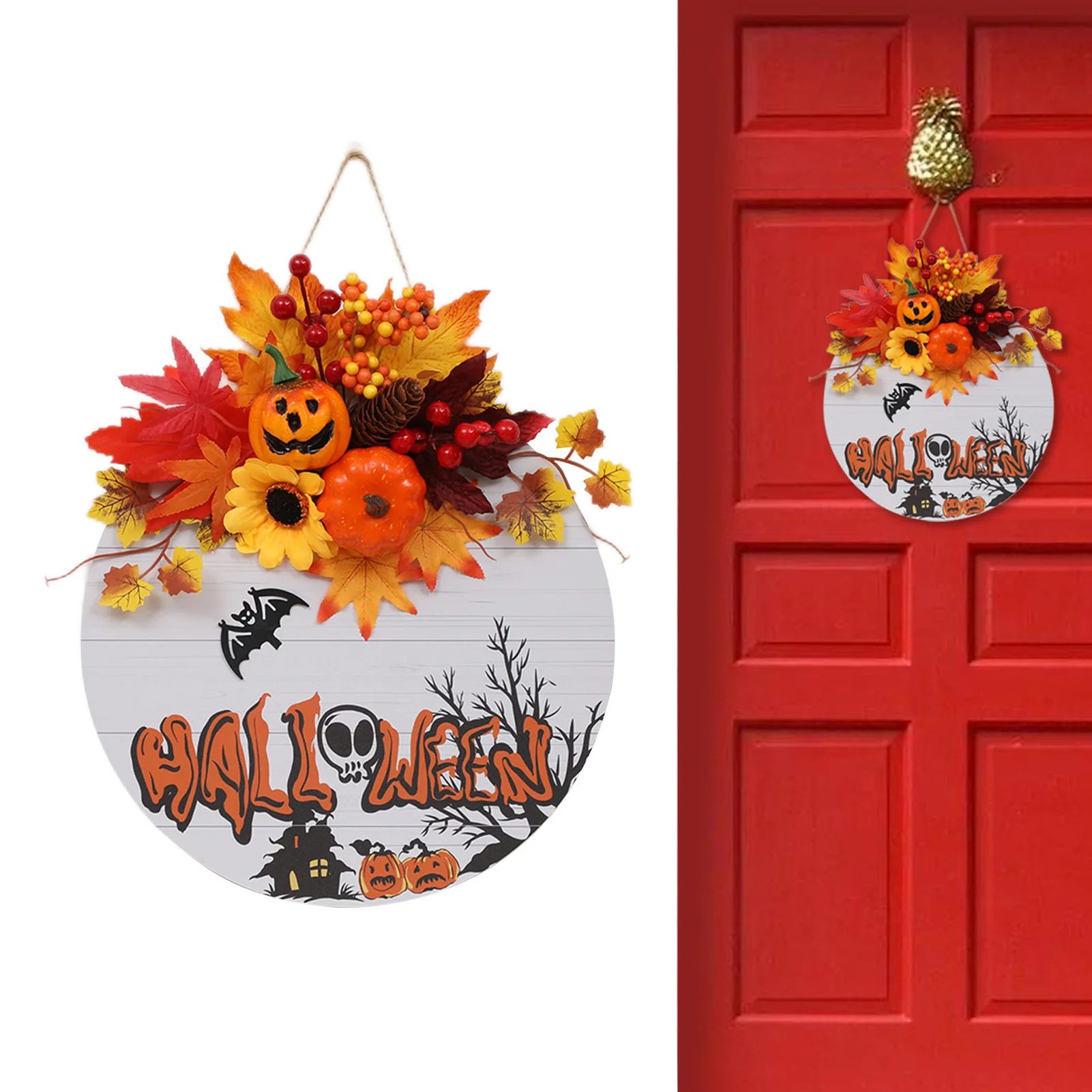 

11,8 дюймовые осенние венки для входной двери, Хэллоуин, искусственные ягоды, тыква, деревянный венок, висячая гирлянда для входной двери