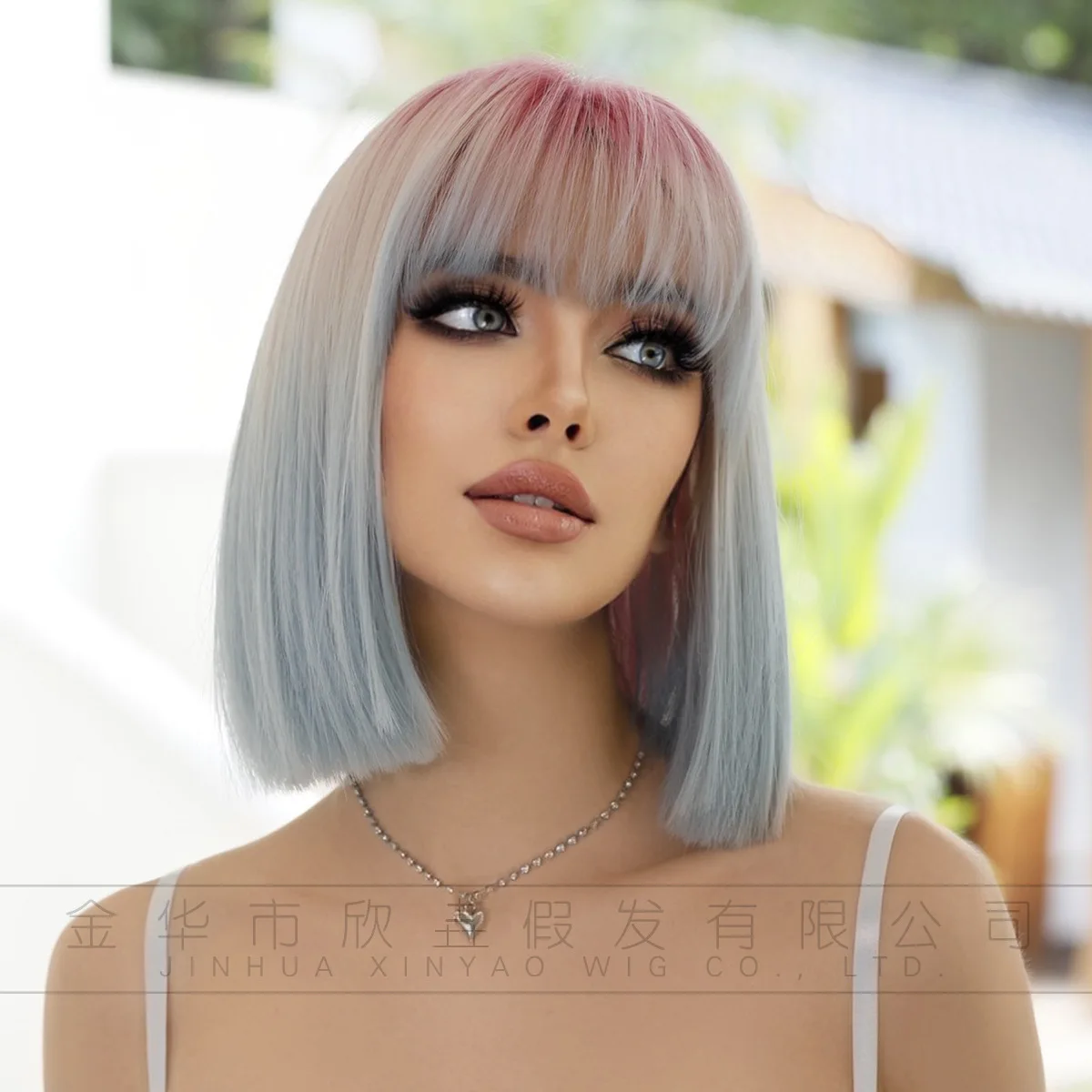 Фото Парик GUHUAN Pink Root Silver Blue Ombre, короткий боб с челкой, градиентный, прямой, из синтетических волос, термостойкое волокно, для косплея №3