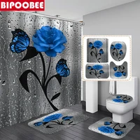 3D Butterfly Flower Fabric Waterproof Shower Curtain Bathroom Curtains Set Blue Rose Non-Slip Rug Toilet Lid Cover and Bath Mat