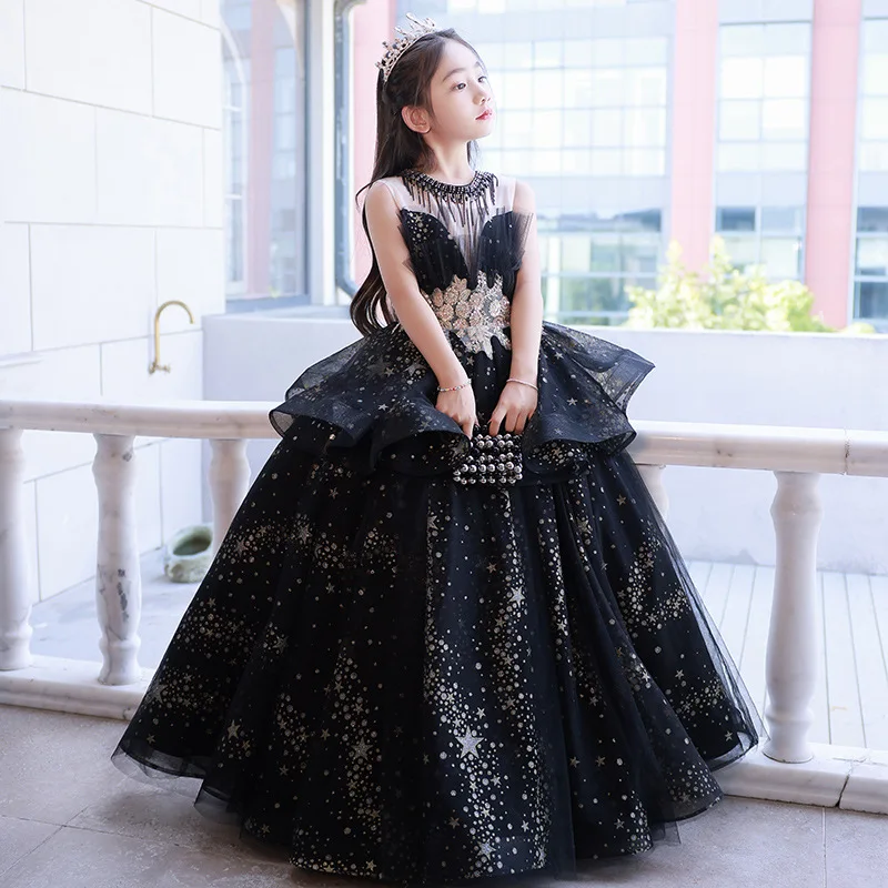 SOMENIE Girls Luxury Party Dress Kids Elegant Black Lace Princess Gown Long Dress Wedding Even Piano Performance Clothes