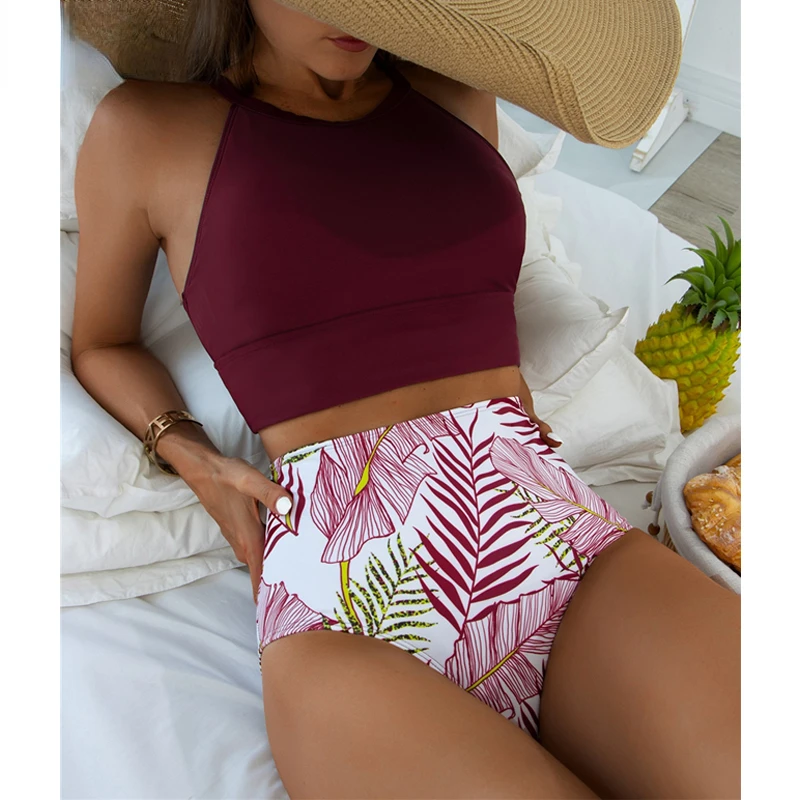 

Бикини с высокой талией и принтом в виде коричневых листьев, купальник, женские Танкини с высокой горловиной, купальник из двух предметов, ...