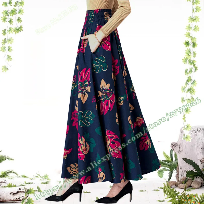 Female Women's Clothing Plus Size 7XL 8XL Fashion Elegant Vintage Retro Style Floral Cotton Linen Long Maxi Skirts Womens 2022