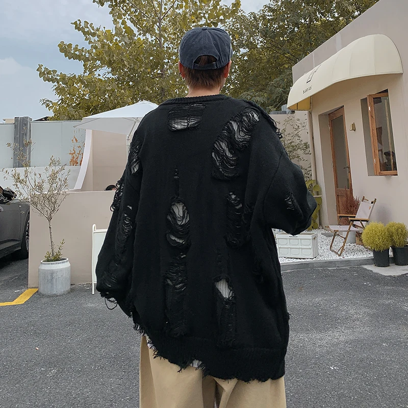 

Retro Ripped Design Chic Y2k Knitwear Harajuku Свитер Baggy Japanese Sweaters Handsome Men Street High For Pullovers Cool Teens