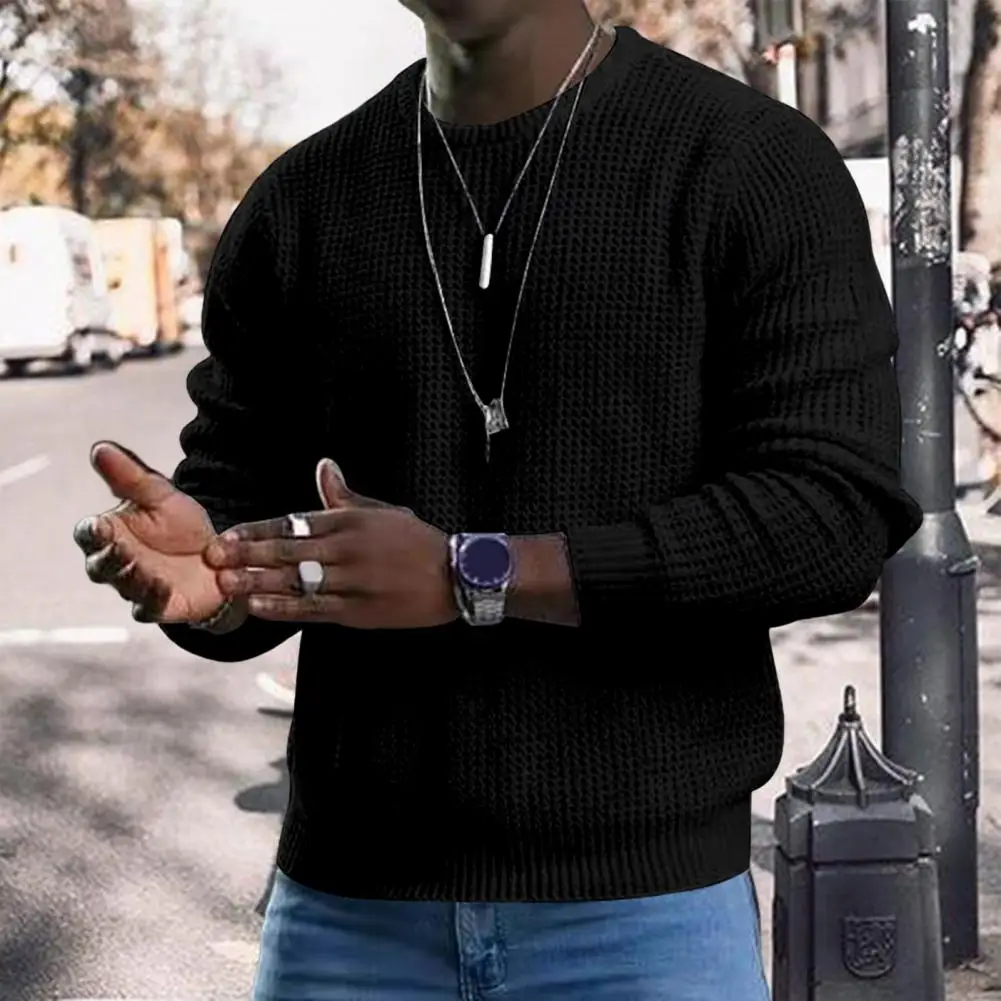 Men Spring Top Long Sleeves Round Neck Solid Color Soft Pullover Warm Casual Mid Length Men Autumn Sweater Top Male Clothes