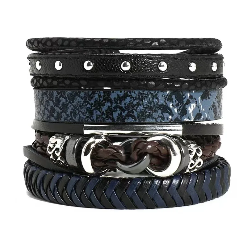 

4pcs/set Braided Wrap Leather Bracelets for Men Vintage Geometric Charms Wood Beads Punk Wristbands Bangles Free Shippping