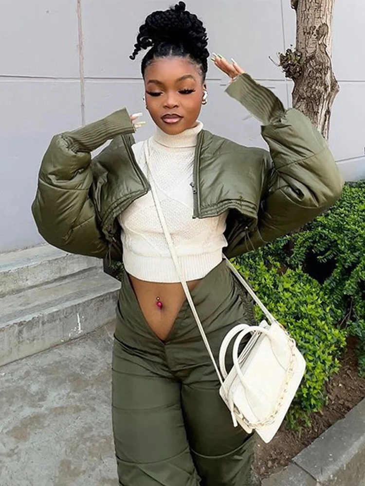 Women's Cropped Parka Puffer Quilted Splice Sleeves Parks Padded Outwear Zipper Stand Collar Streetwear New in 2022 Feminine