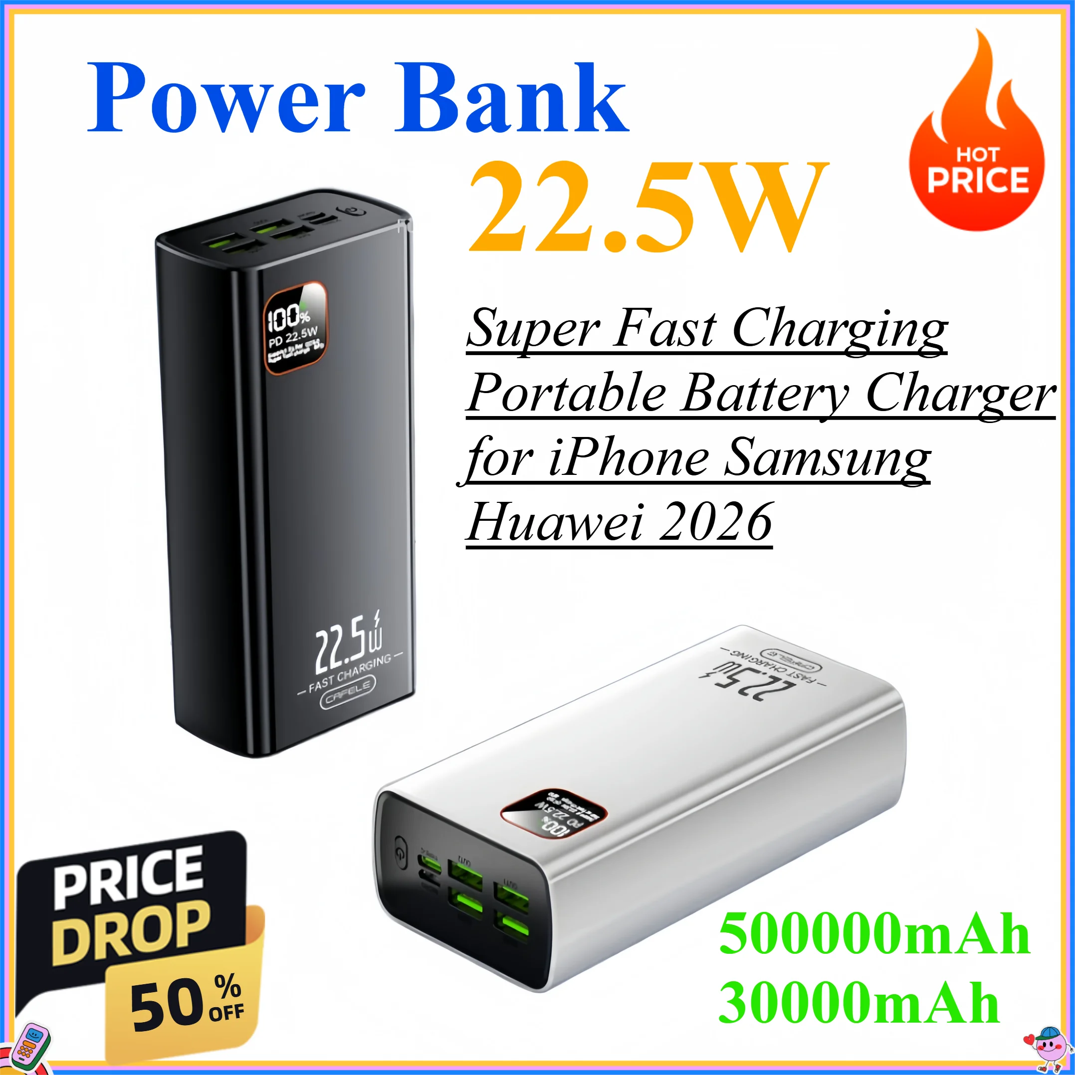 Фото Портативное зарядное устройство (Power Bank) 22.5W, 500000 мАч / 30000 мАч, высокая емкость, сверхбыстрая зарядка для iPhone, Samsung, Huawei 2026 №1