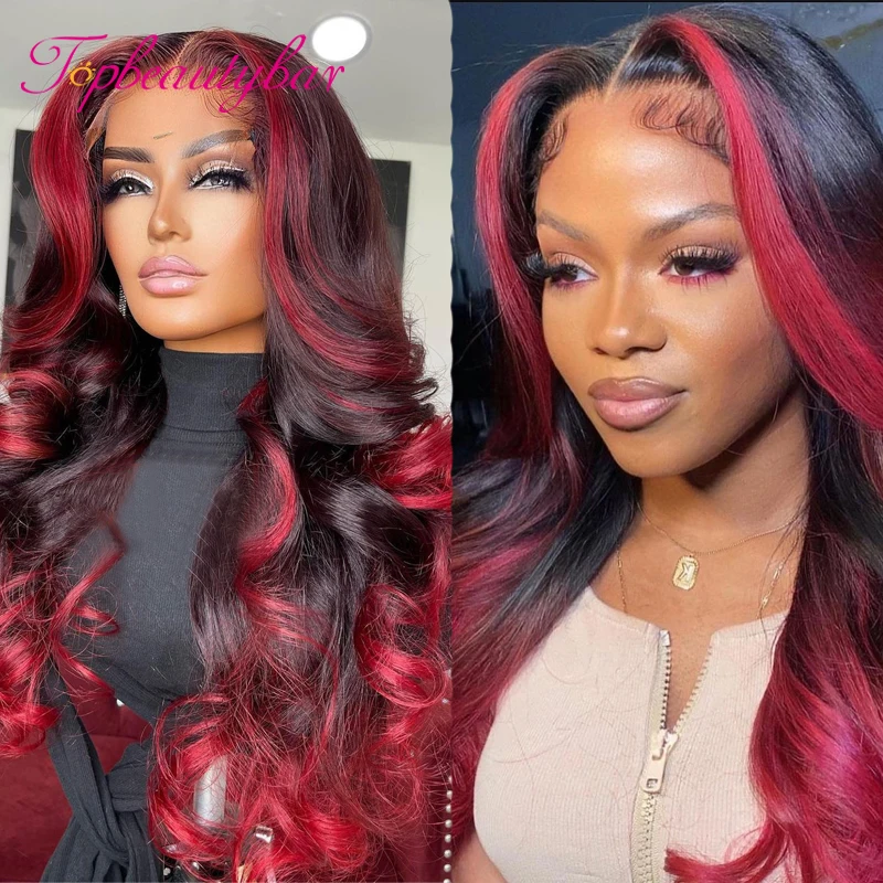 

Red Highlight Peruvian Wavy Lace Front Wig Human Hair Wigs For Women 180% 13x4 Glueless Lace Front Wig Prelucked Hairline Remy