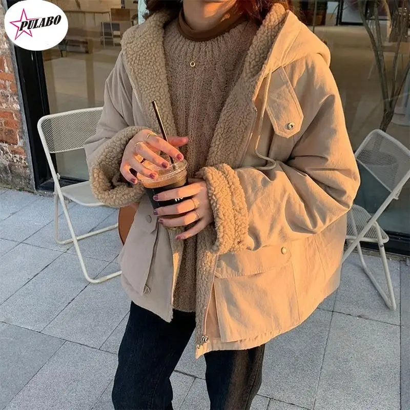 

Женское толстое пальто с капюшоном, Женская Мягкая двусторонняя верхняя одежда, осенне-зимние теплые Топы с длинным рукавом