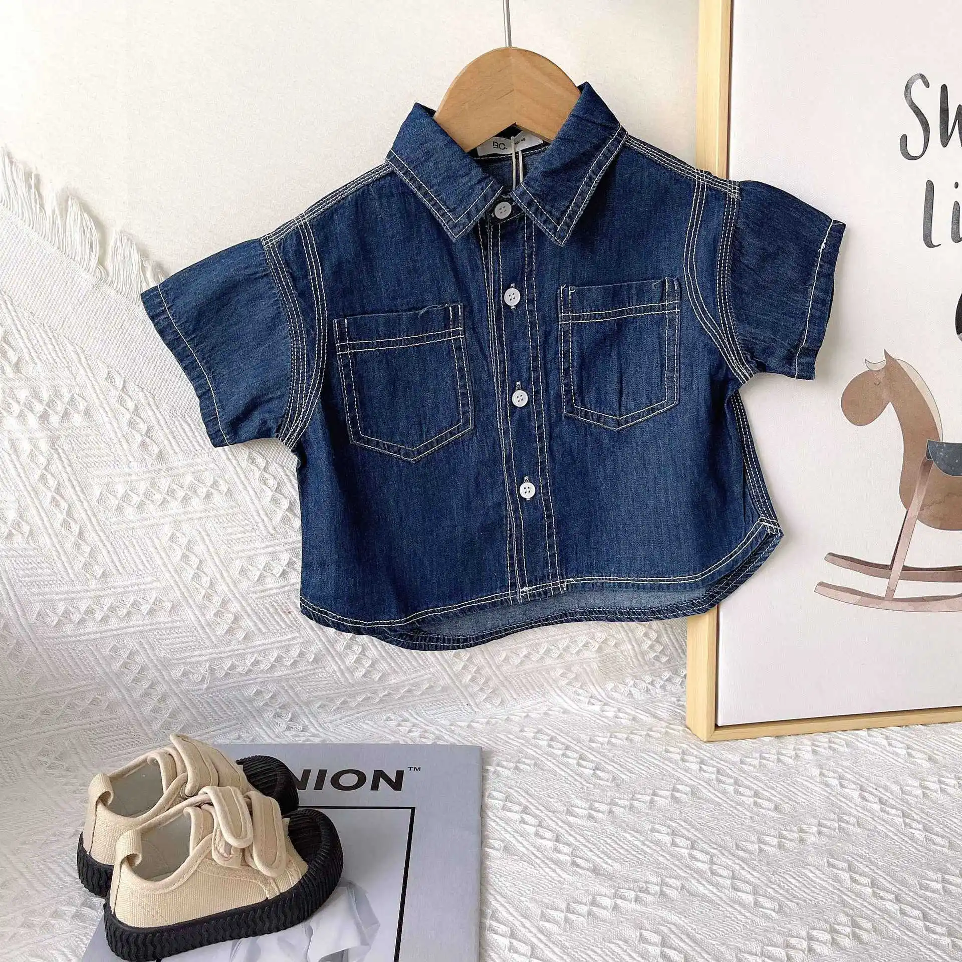 

Denim Lapel Children's Shirts Summer Casual Boys and Girls Clothes Blouses Kids Camisas Blouse блузка Bluzki рубашка Toddler New