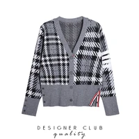 casual all match british style sweater jacket womens autumn and winter tb retro plaid v neck knitted cardigan