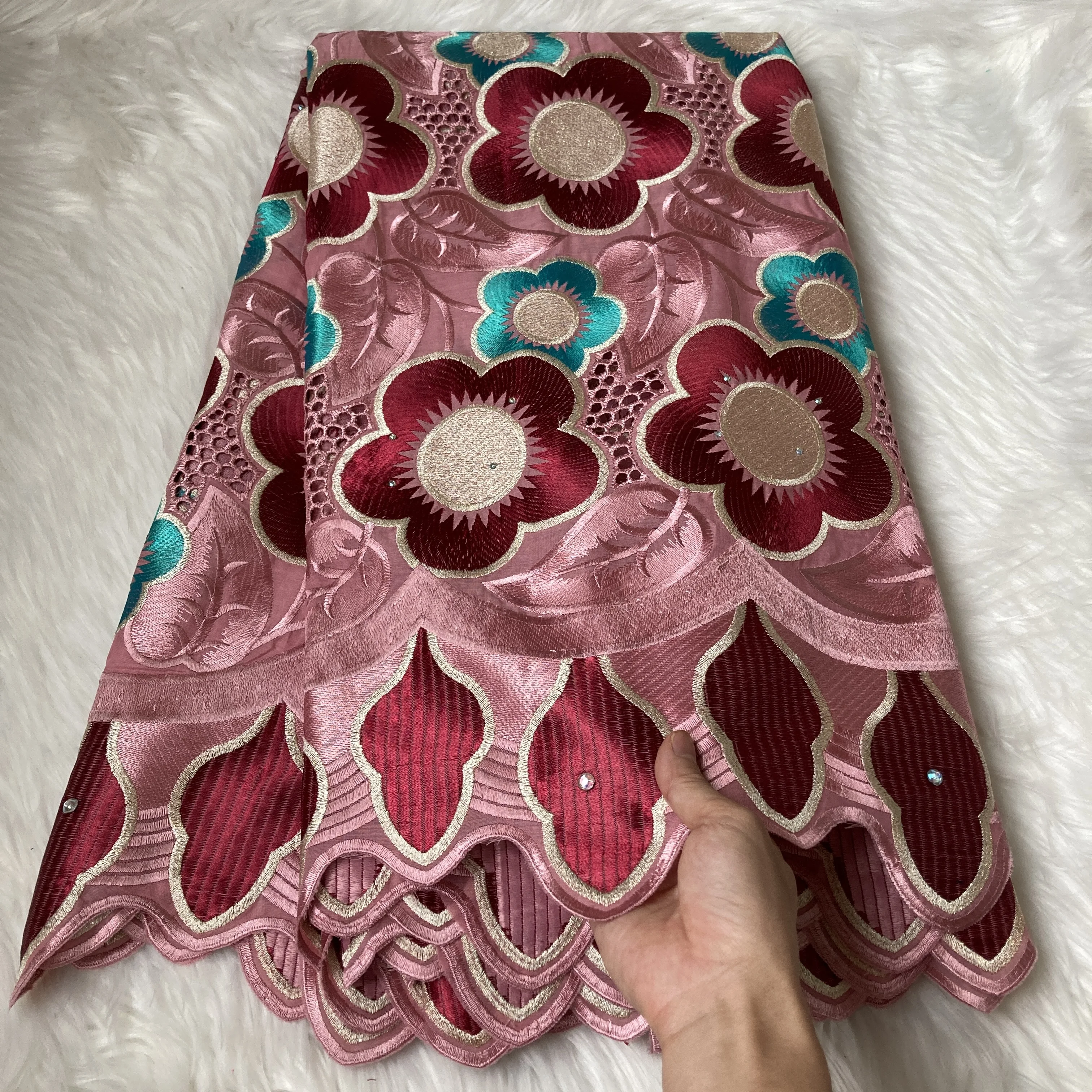 

African Latest Pure Cotton Lace Dry Fabric 2022 Nigerian High Quality 5 Yards Stones Fabric Swiss For Wedding Party Dress Sew