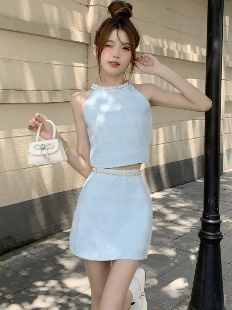 

Женский летний комплект из двух предметов, жилет без рукавов и мини-юбка с бусинами и жемчужинами, 2023