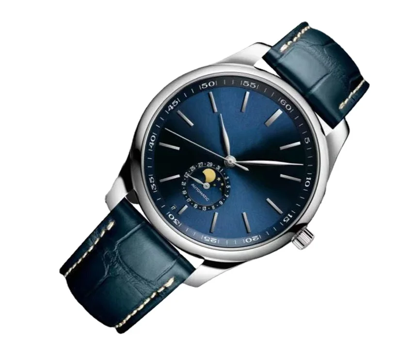 

New Mens Watch Automatic Mechanical 904L Master MoonPhase Steel Leather Blue Diamonds Collection Wristwatch 42mm
