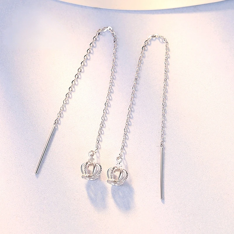 

Pt950 Platinum Crown Ear Line Long Women Fashion Simple Tassel White Gold Pendant Earrings