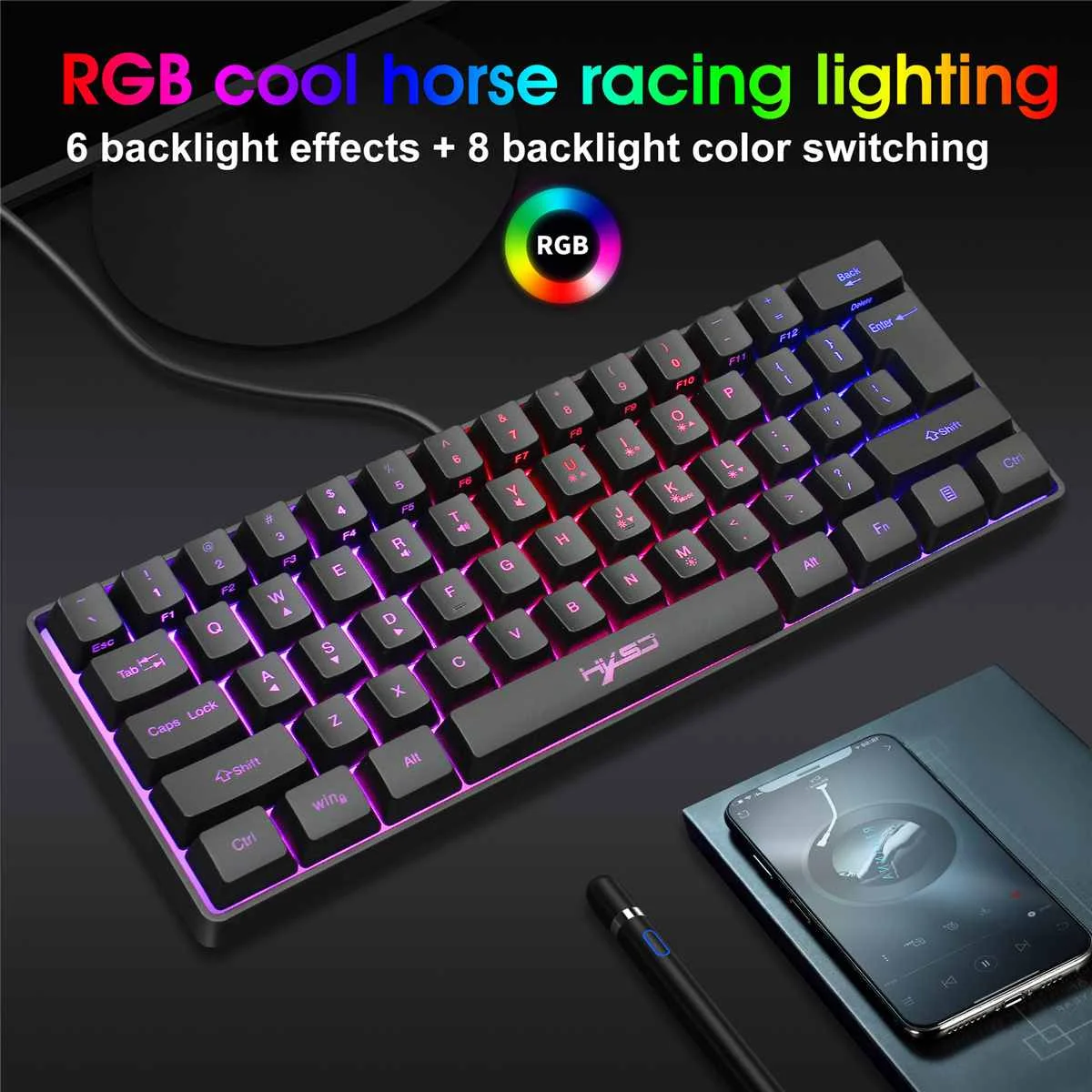 

HXSJ V700 61 Keys Gaming Keyboard Wired RGB Backlit Multiple Shortcut Keys Mini Membrane Keyboard for Home Office