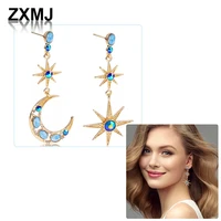 zxmj retro earrings star and moon earrings for women trendy blue crystal hexagram moon earring hot sell dangle ear jewelry
