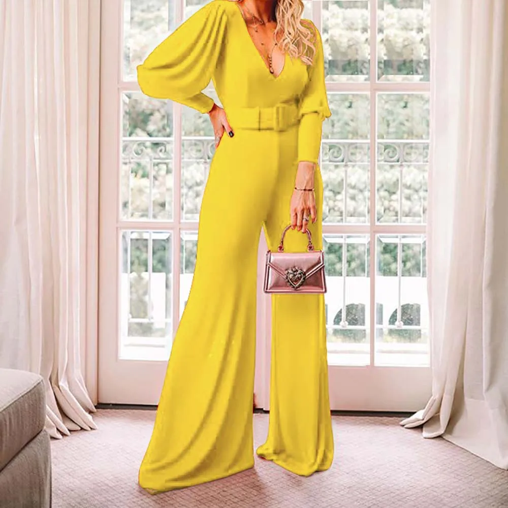 

Fashion V Neck Long Sleeve High Waist Fashion Jumpsuit Solid Color Wide Leg Pants Summer 2022 New Female Clothing