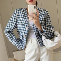 vintage short slim jackets women fall new korean elegance v neck loose ol cropped females coats casual houndstooth outwear tops
