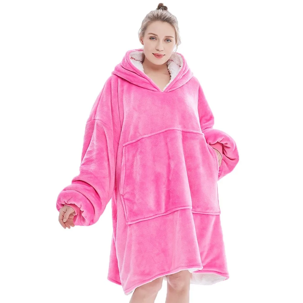 Winter Oversized Hoodies Women Fleece Warm TV Blanket with Sleeves Pocket Flannel Plush Thick Sherpa Giant Hoody Long Sweatshirt