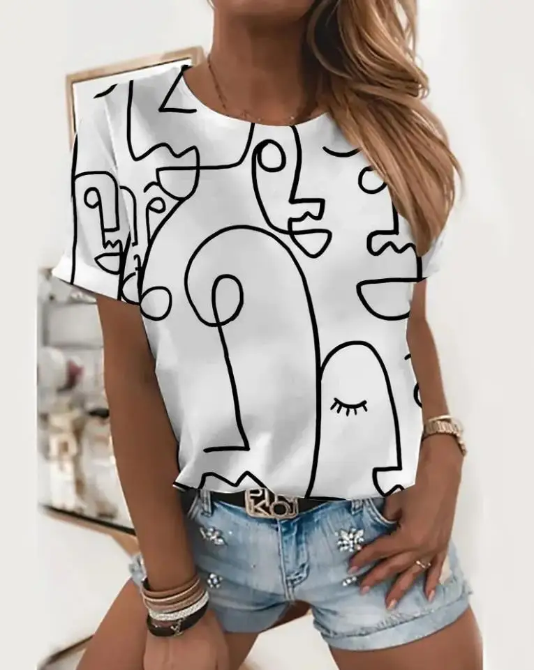 

Женская футболка с коротким рукавом, круглым вырезом и абстрактным принтом