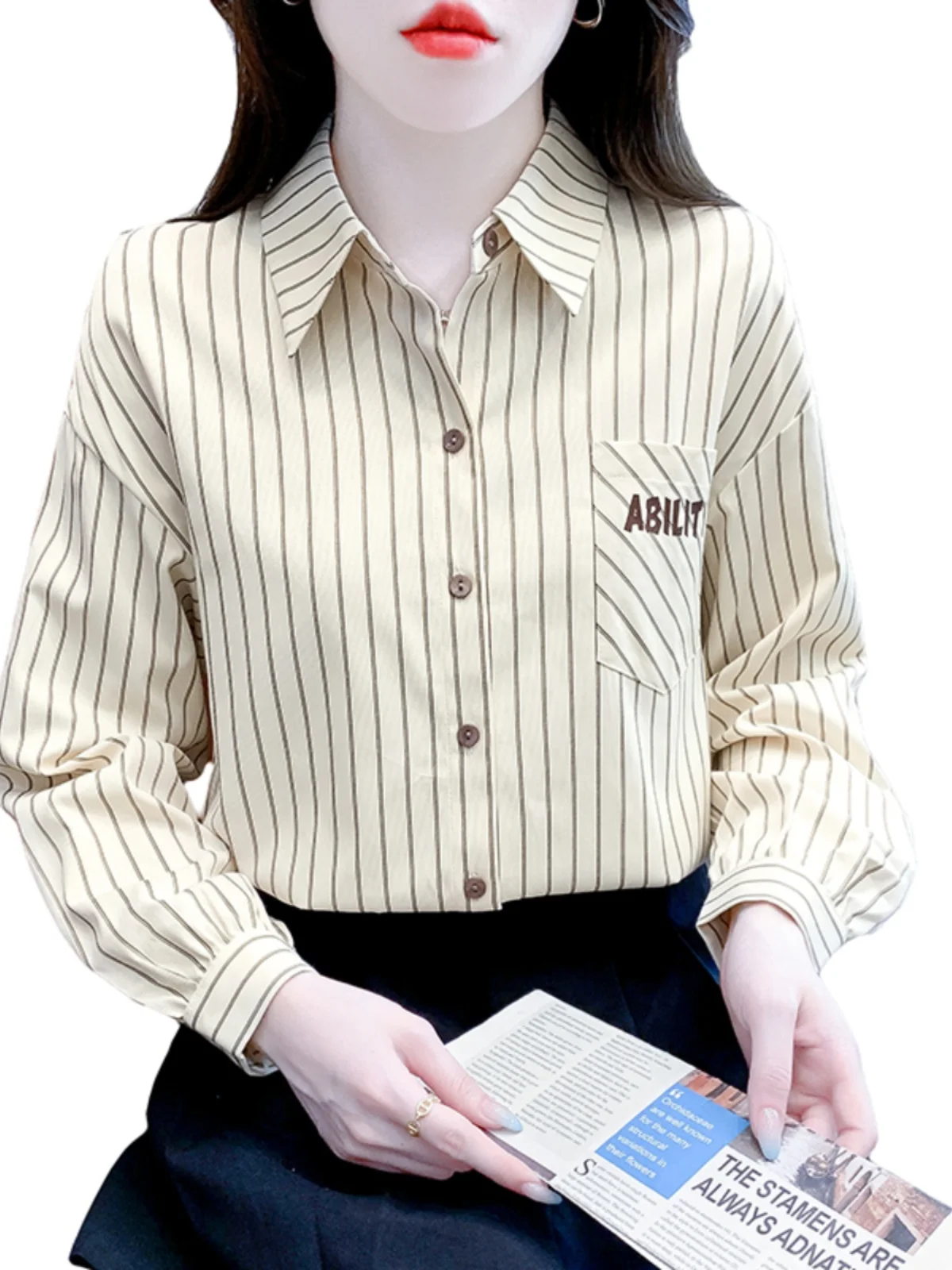 Long sleeve Shirts Women Early Autumn New Fashion Age-Reducing Stripe Embroidered Professional Shirt Versatile Slimming Weste...