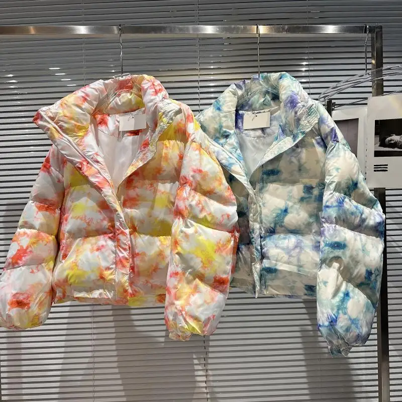 Network Celebrity 2022 Winter New Tie Dyed Phantom Pattern Warm Bread Jacket Cotton Padded Clothes Coats Women Sustans Casual